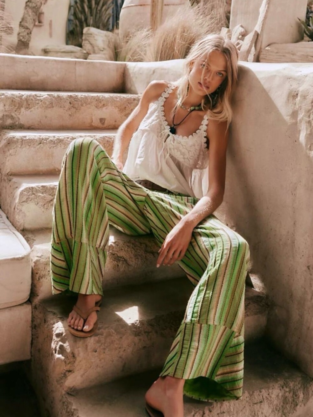 Free People Day's End Stripe Pants Camo Combo Green